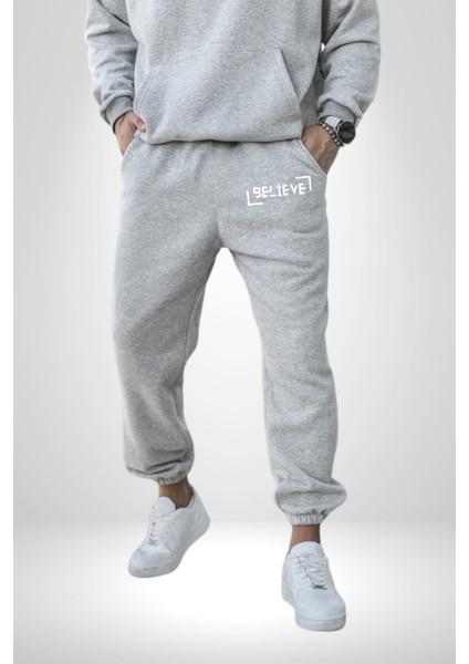 Beyaz Tasarım Inanmak Yazılı Erkek Kadın Gri Lastikli Bel Paca Eşofman Altı