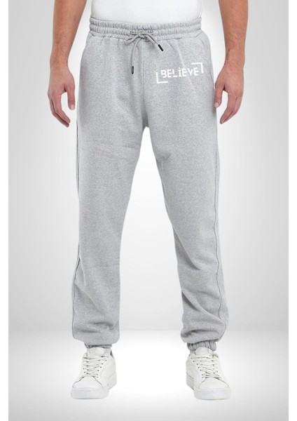 Beyaz Tasarım Inanmak Yazılı Erkek Kadın Gri Lastikli Bel Paca Eşofman Altı modelleri