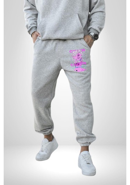 Siber Sokak Stili Erkek Kadın Gri Lastikli Bel Paca Eşofman Altı