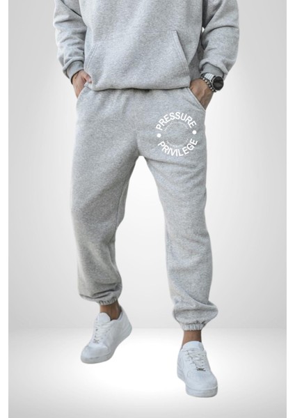 R367 - Pressure Is A Privilege Erkek Kadın Gri Lastikli Bel Paca Eşofman Altı modelleri