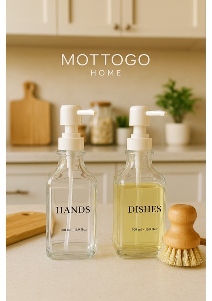 2'li Cam Sabunluk Seti (Dishes-Hands-Soap-Lotion Etiketleriyle ) 500ML
