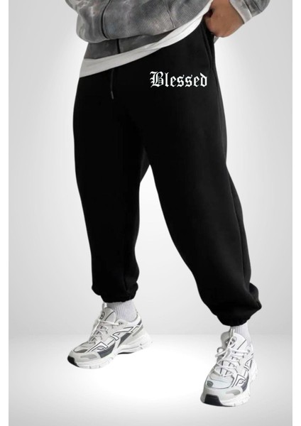 Kutsanmış Sokak Stili Erkek Kadın Siyah Lastikli Bel Paca Eşofman Altı