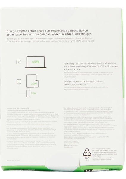 Çift Usb-C Duvar Şarj Cihazı 45W, Iphone 14, 13, 12, Pro, Pro Max, Ipad Pro 12.9, 11, Macbook modelleri