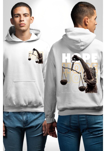 Adelet Terazi Umut Erkek Kadın Beyaz Ön Sırt Baskılı Kapüşonlu Sweatshirt Hoodie
