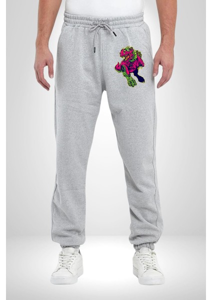 Cyberrex Neon ve Futuristik Dinozor Grafik Erkek Kadın Gri Lastikli Bel Paca Eşofman Altı