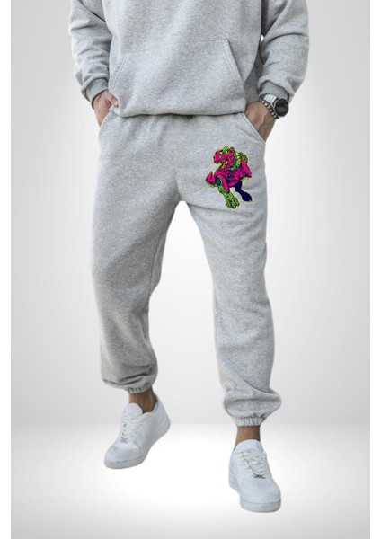 Cyberrex Neon ve Futuristik Dinozor Grafik Erkek Kadın Gri Lastikli Bel Paca Eşofman Altı modelleri