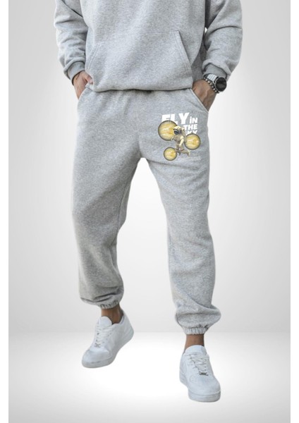 Gökyüzünde Uçmak Astronot Erkek Kadın Gri Lastikli Bel Paca Eşofman Altı modelleri