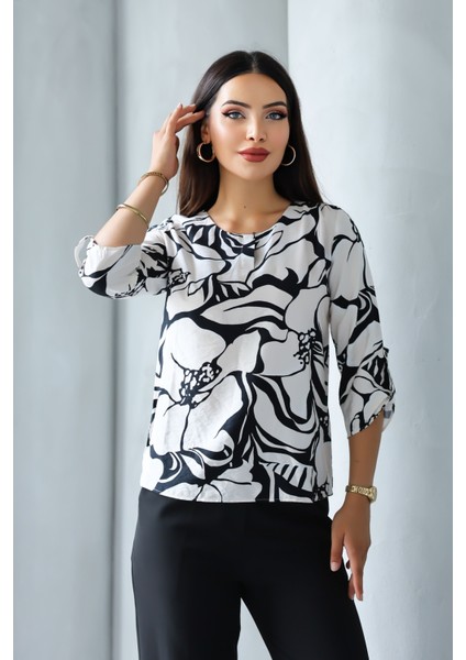 Kadın Uzun Kollu Bisiklet Yaka Desenli Rahat Bluz - Günlük, Şehir Şıklığı (Sınırlı Stok) Kadın Bluz