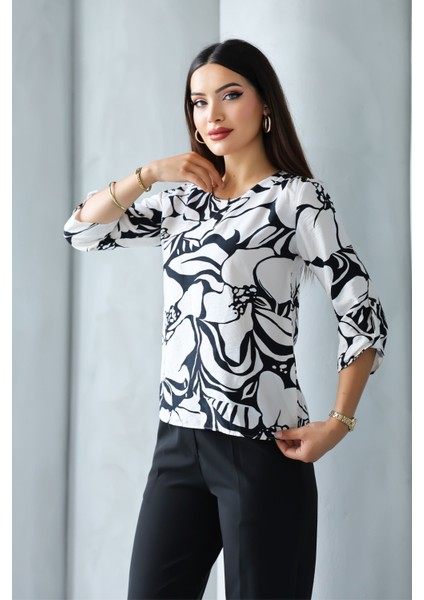 Kadın Uzun Kollu Bisiklet Yaka Desenli Rahat Bluz - Günlük, Şehir Şıklığı (Sınırlı Stok) Kadın Bluz fiyatları