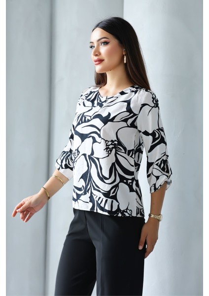 Kadın Uzun Kollu Bisiklet Yaka Desenli Rahat Bluz - Günlük, Şehir Şıklığı (Sınırlı Stok) Kadın Bluz modelleri