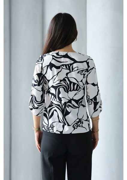 Kadın Uzun Kollu Bisiklet Yaka Desenli Rahat Bluz - Günlük, Şehir Şıklığı (Sınırlı Stok) Kadın Bluz fırsatları