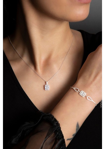 Gümüş Renkli Kalp Ve Yıldız Kolye, Kartier Çivi Ve Küp Tasarımlı Bileklik Seti 2277