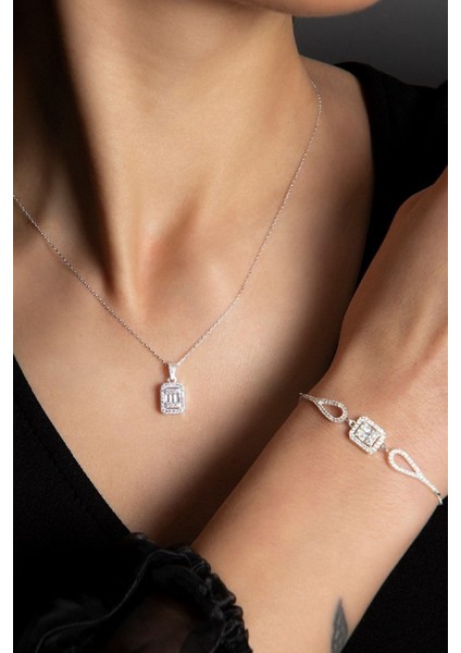 Gümüş Renkli Kalp Ve Yıldız Kolye, Kartier Çivi Ve Küp Tasarımlı Bileklik Seti 2277