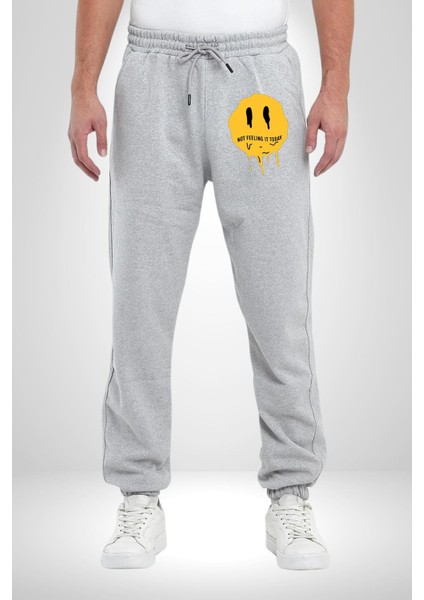 Eriyen Emoji Bugün Hissetmiyorum Erkek Kadın Gri Lastikli Bel Paca Eşofman Altı modelleri