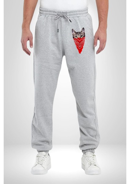 Maske Gangester Kedi Erkek Kadın Gri Lastikli Bel Paca Eşofman Altı