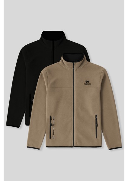 Standart Kalıp Dik Yaka 2li Paket Siyah-Camel Erkek Polar Sweatshirt - 87992