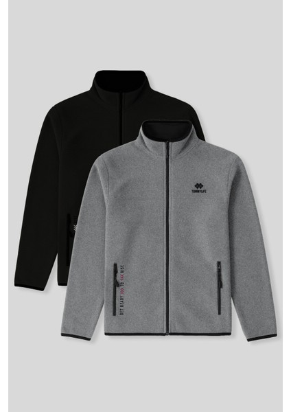 Standart Kalıp Dik Yaka 2li Paket Siyah-Gri Melanj Erkek Polar Sweatshirt - 87992