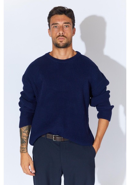Erkek Lacivert (TRZ050) Bisiklet Yaka Örgülü Triko Kazak