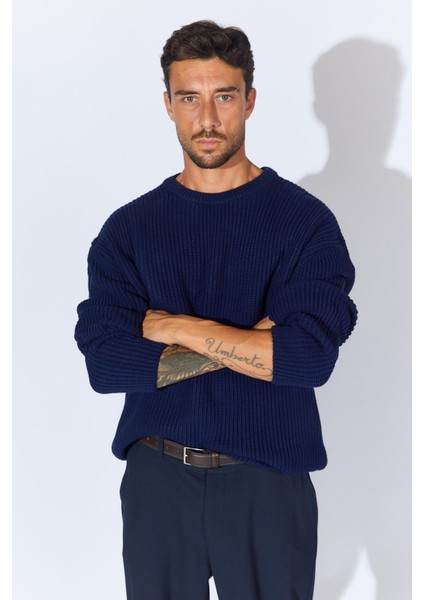 Erkek Lacivert (TRZ050) Bisiklet Yaka Örgülü Triko Kazak modelleri