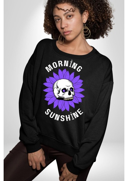 Polen Kafatası Mor Çiçek Erkek Kadın Unisex Dijital Baskılı Siyah Sweatshirt modelleri