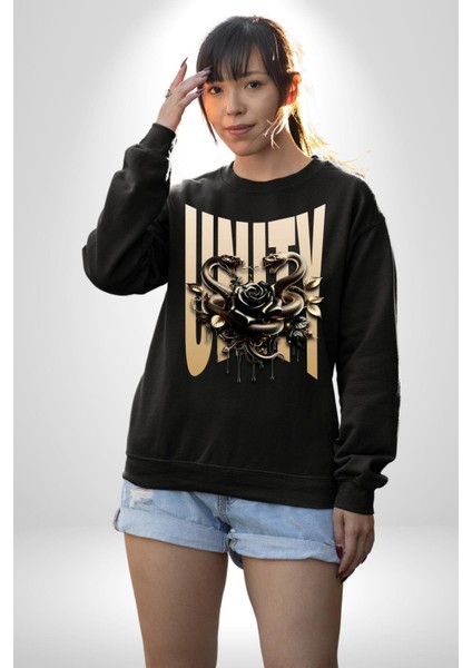 Yapay Zeka Gül Yılan Altın Siyah Gül 3D Erkek Kadın Unisex Dijital Baskılı Siyah Sweatshirt