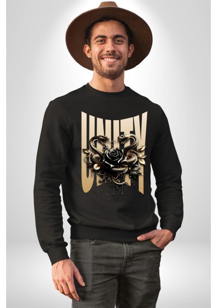 Yapay Zeka Gül Yılan Altın Siyah Gül 3D Erkek Kadın Unisex Dijital Baskılı Siyah Sweatshirt indirimleri