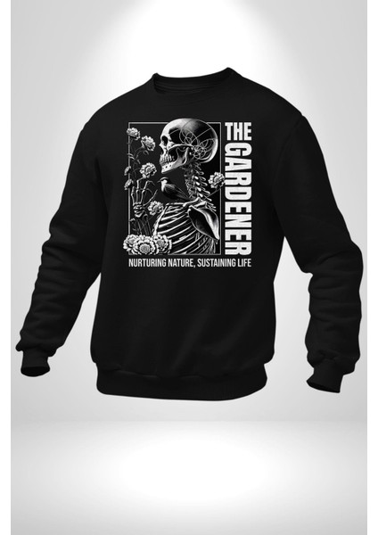 Iskelet Aşkı Kuş Kırk Kalp ve Kuru Çiçekler Erkek Kadın Unisex Dijital Baskılı Siyah Sweatshirt