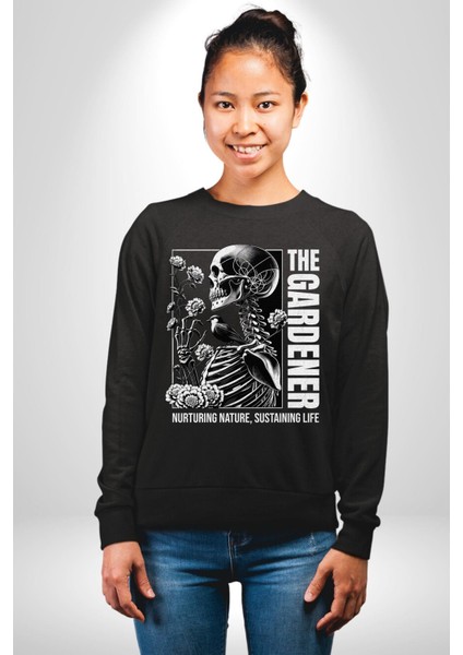 Iskelet Aşkı Kuş Kırk Kalp ve Kuru Çiçekler Erkek Kadın Unisex Dijital Baskılı Siyah Sweatshirt fırsatları