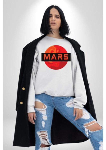 Mars Gezegen Erkek Kadın Unisex Dijital Baskılı Beyaz Sweatshirt