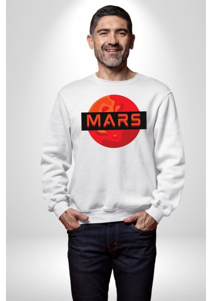 Mars Gezegen Erkek Kadın Unisex Dijital Baskılı Beyaz Sweatshirt modelleri