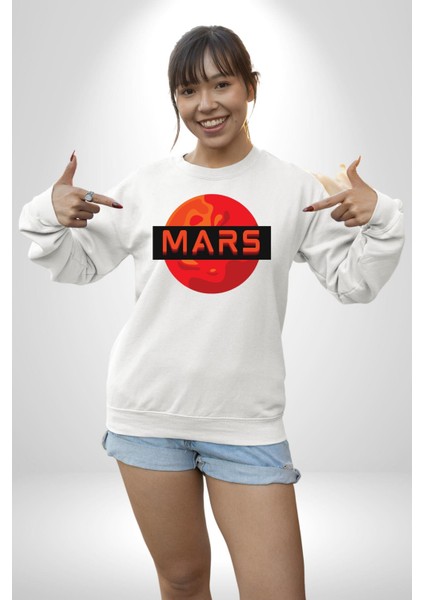 Mars Gezegen Erkek Kadın Unisex Dijital Baskılı Beyaz Sweatshirt indirimleri