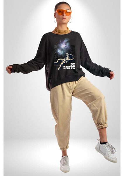 Astronot Cesur Ol Erkek Kadın Unisex Dijital Baskılı Siyah Sweatshirt fiyatları