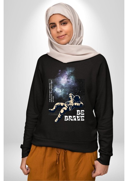 Astronot Cesur Ol Erkek Kadın Unisex Dijital Baskılı Siyah Sweatshirt modelleri