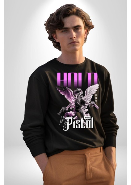 Sokak Stili Katil Aşk Meleği Erkek Kadın Unisex Dijital Baskılı Siyah Sweatshirt fırsatları