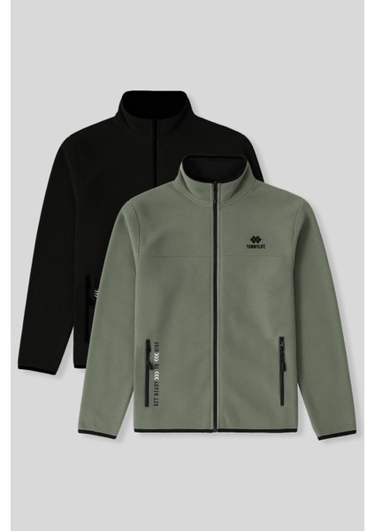 Standart Kalıp Dik Yaka 2li Paket Siyah-Çağla Erkek Polar Sweatshirt - 87992