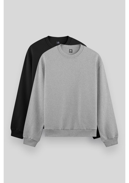Standart Fit Basic O Yaka 2li Paket Siyah-Gri Melanj Erkek Sweatshirt - 88053
