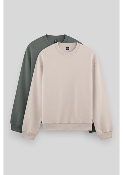 Standart Fit Basic O Yaka 2li Paket Bej-Çağla Erkek Sweatshirt - 88053
