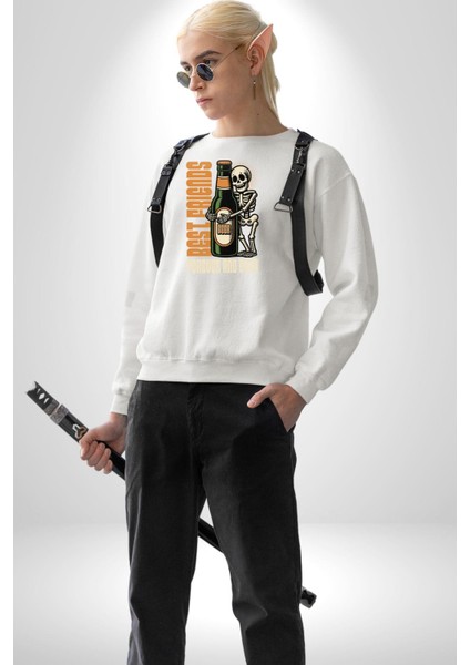 Sonsuza Kadar En Iyi Arkadaşım Beer Iskelet Erkek Kadın Unisex Dijital Baskılı Beyaz Sweatshirt