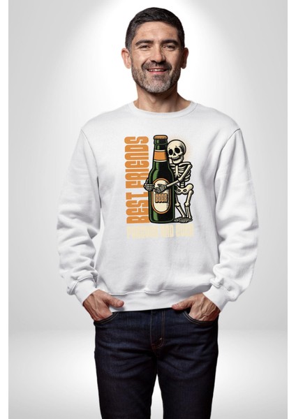Sonsuza Kadar En Iyi Arkadaşım Beer Iskelet Erkek Kadın Unisex Dijital Baskılı Beyaz Sweatshirt fiyatları