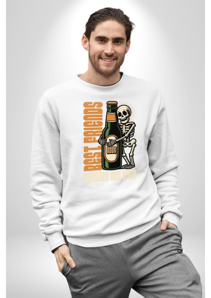 Sonsuza Kadar En Iyi Arkadaşım Beer Iskelet Erkek Kadın Unisex Dijital Baskılı Beyaz Sweatshirt modelleri
