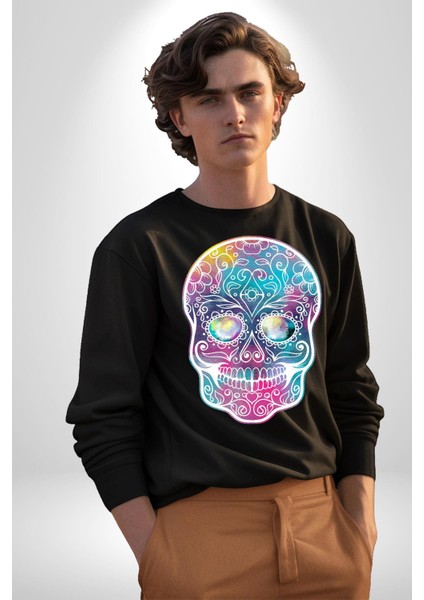 Şeker Kafatası (Day Of The Dead) Erkek Kadın Unisex Dijital Baskılı Siyah Sweatshirt