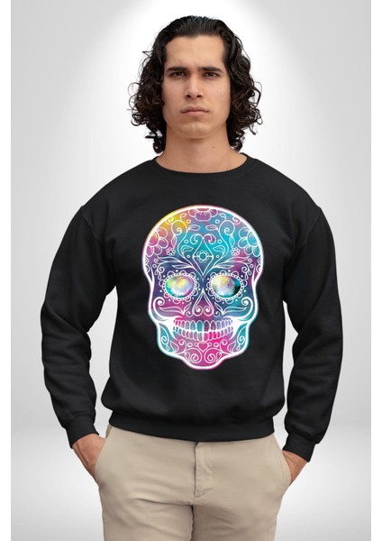 Şeker Kafatası (Day Of The Dead) Erkek Kadın Unisex Dijital Baskılı Siyah Sweatshirt fiyatları