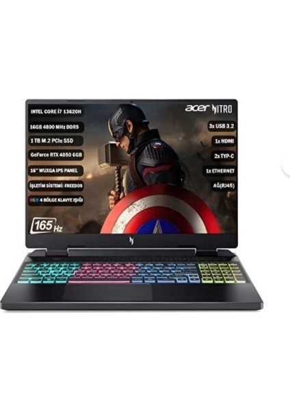 NITRO16 Intel Core I7-13620H 16GB 1tb SSD RTX4050 140W 16" Wuxga IPS 165Hz Dos Rgb NH.QJMEY.007