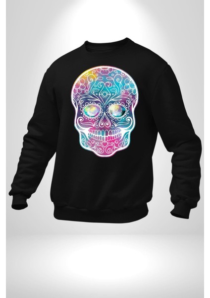Şeker Kafatası (Day Of The Dead) Erkek Kadın Unisex Dijital Baskılı Siyah Sweatshirt modelleri