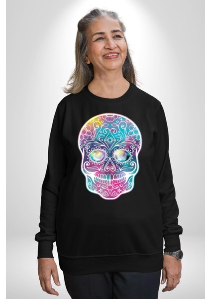 Şeker Kafatası (Day Of The Dead) Erkek Kadın Unisex Dijital Baskılı Siyah Sweatshirt indirimleri