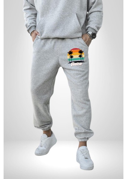 Retro Palmiye Güneş 80 90 Erkek Kadın Gri Lastikli Bel Paca Eşofman Altı