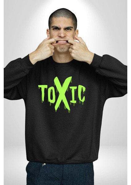 Sokak Sitili Atık Toxic Erkek Kadın Unisex Dijital Baskılı Siyah Sweatshirt
