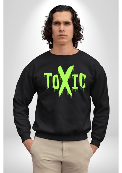Sokak Sitili Atık Toxic Erkek Kadın Unisex Dijital Baskılı Siyah Sweatshirt modelleri