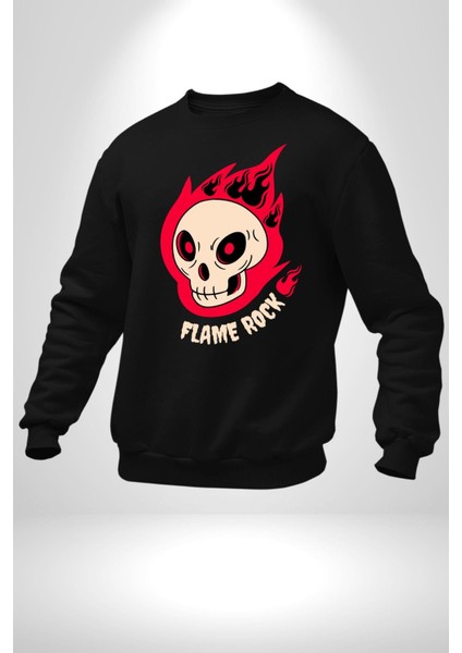 Kırmızı Ateş Kurukafa Rock Erkek Kadın Unisex Dijital Baskılı Siyah Sweatshirt