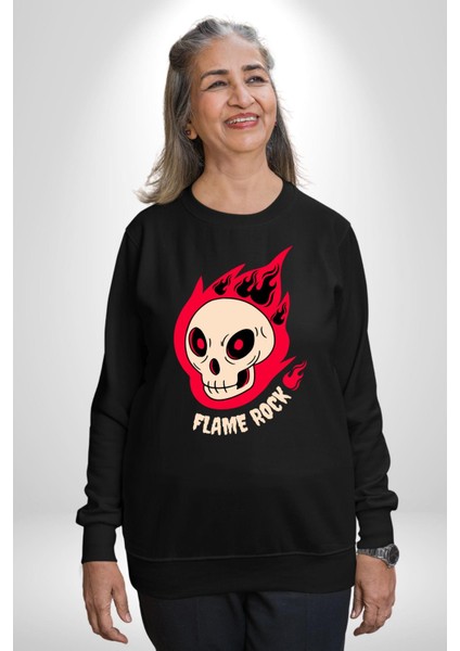 Kırmızı Ateş Kurukafa Rock Erkek Kadın Unisex Dijital Baskılı Siyah Sweatshirt fiyatları
